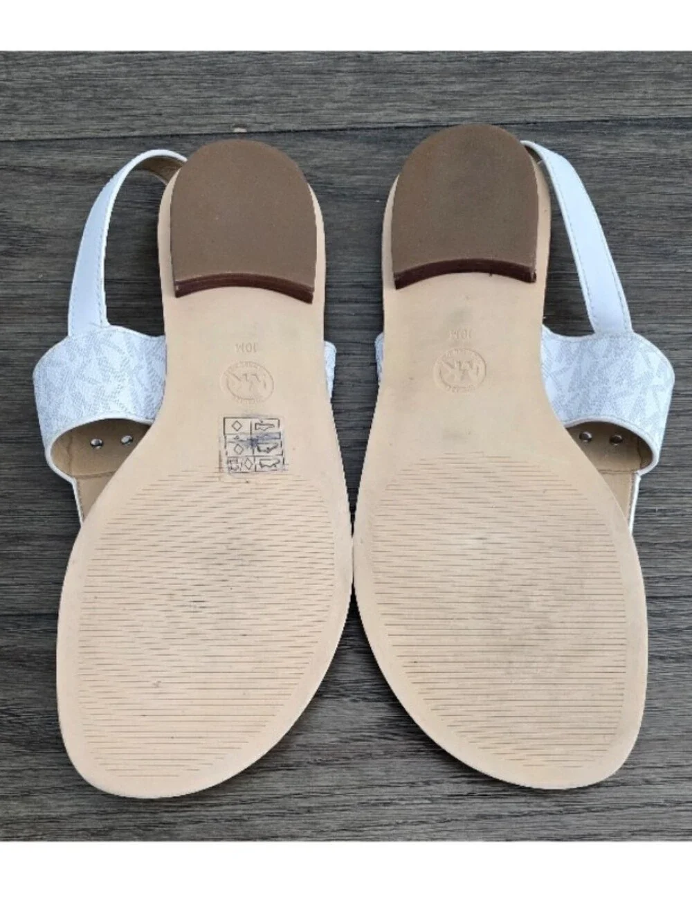 Michael Kors White Leather Thong Sandals with Silver MK Emblem, Size 10